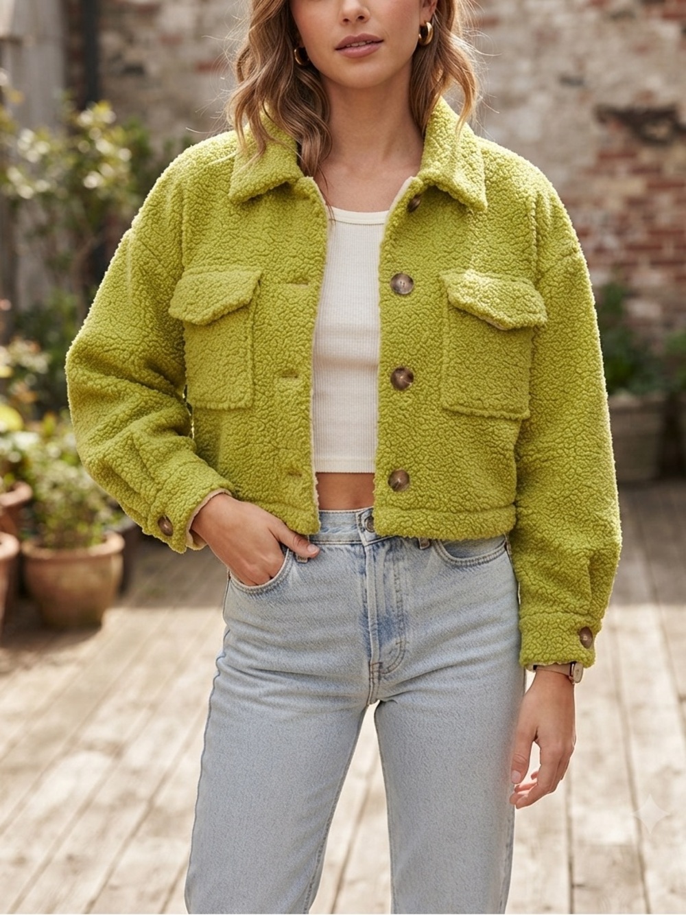 NWT Women’s Large Textured Chartreuse Green Jacket Crop Boxy Fit